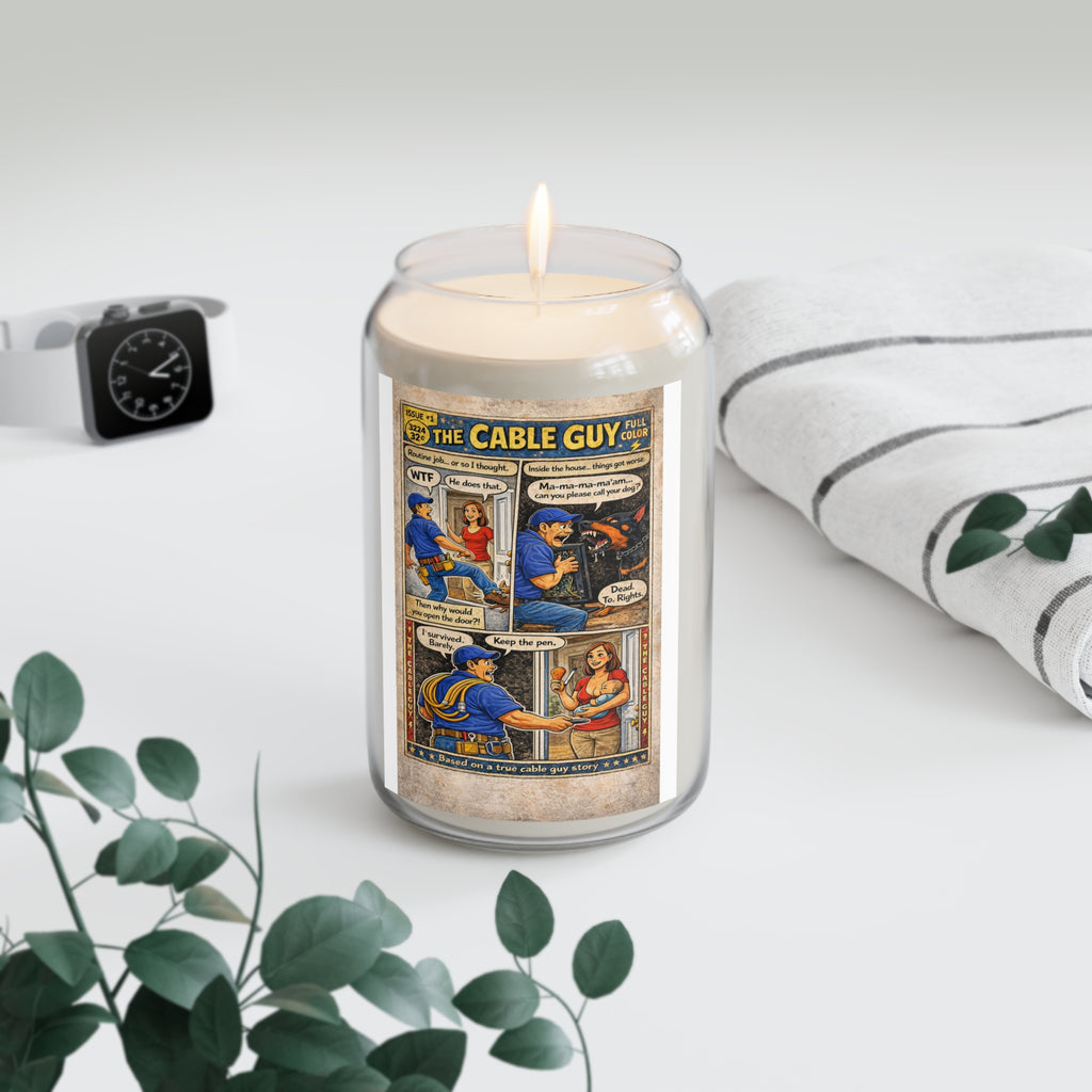 Cable Guy Comic Soy Candle — Scented 13.75oz Gift for Technicians & Humor Lovers