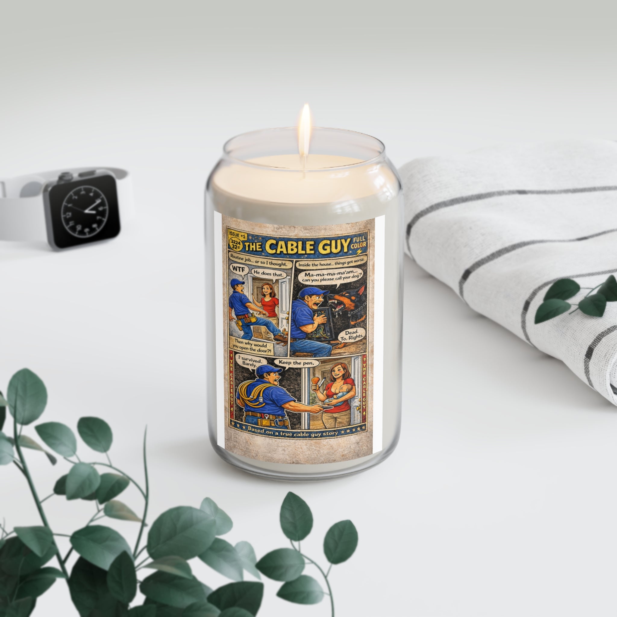 Cable Guy Comic Soy Candle — Scented 13.75oz Gift for Technicians & Humor Lovers