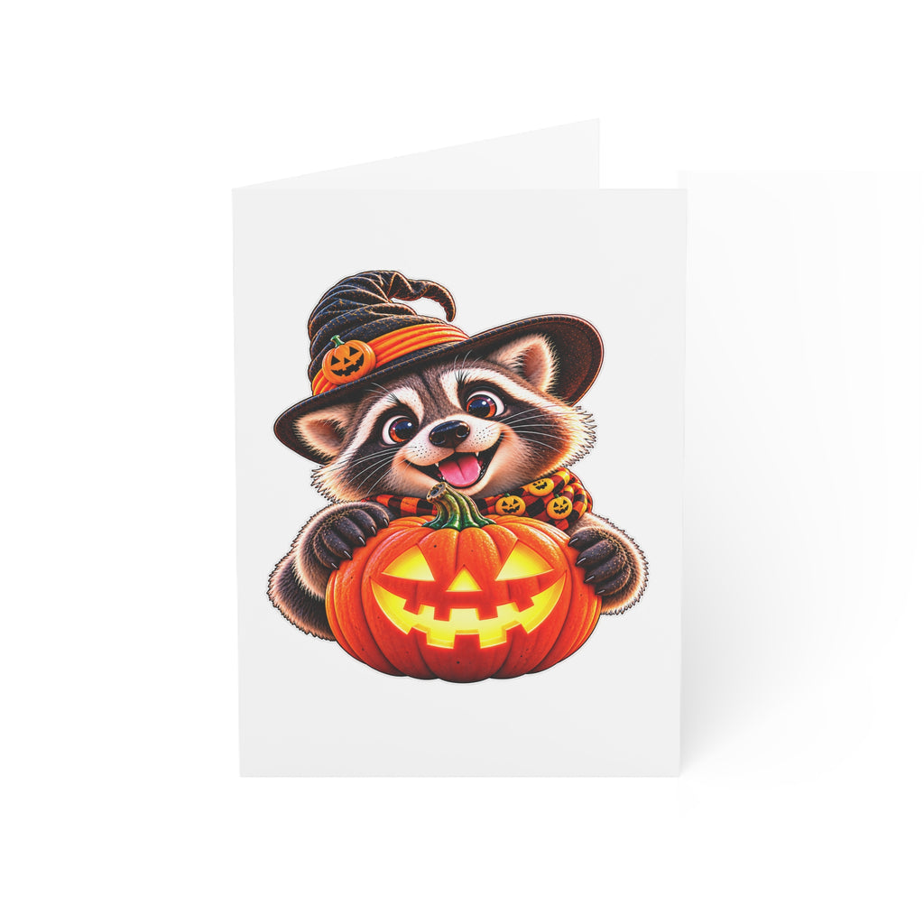 Halloween Raccoon Greeting Cards — Cute Raccoon with Jack-O'-Lantern (Pack of 1/10/30/50)