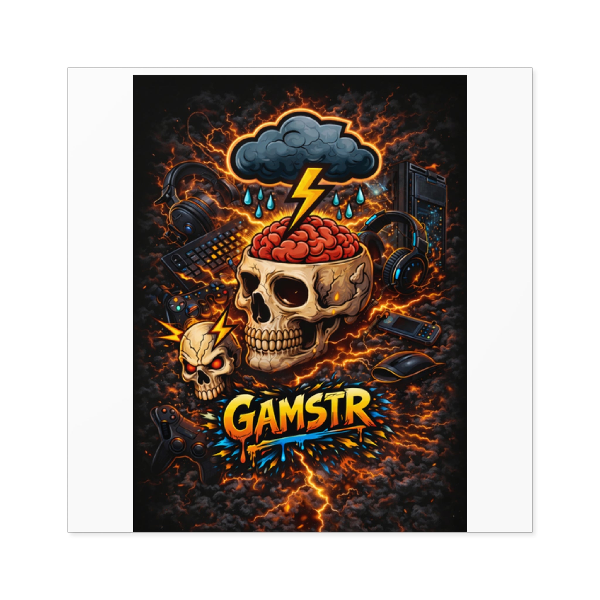 Gamstr Skull Gamer Sticker — Lightning Brain Gaming Square Sticker (Indoor/Outdoor)