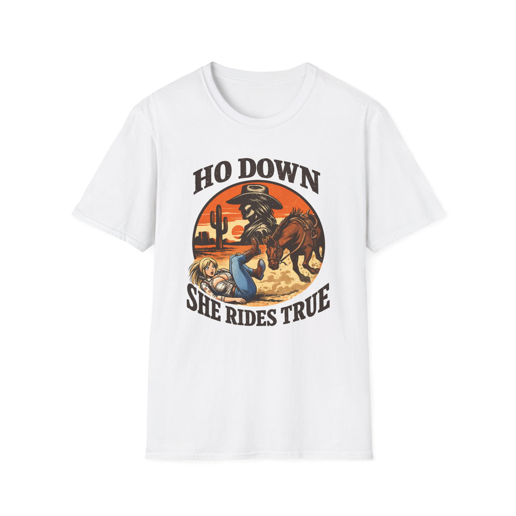Ho-Down Western T-Shirt — "She Rides True" Cowboy Rodeo Graphic