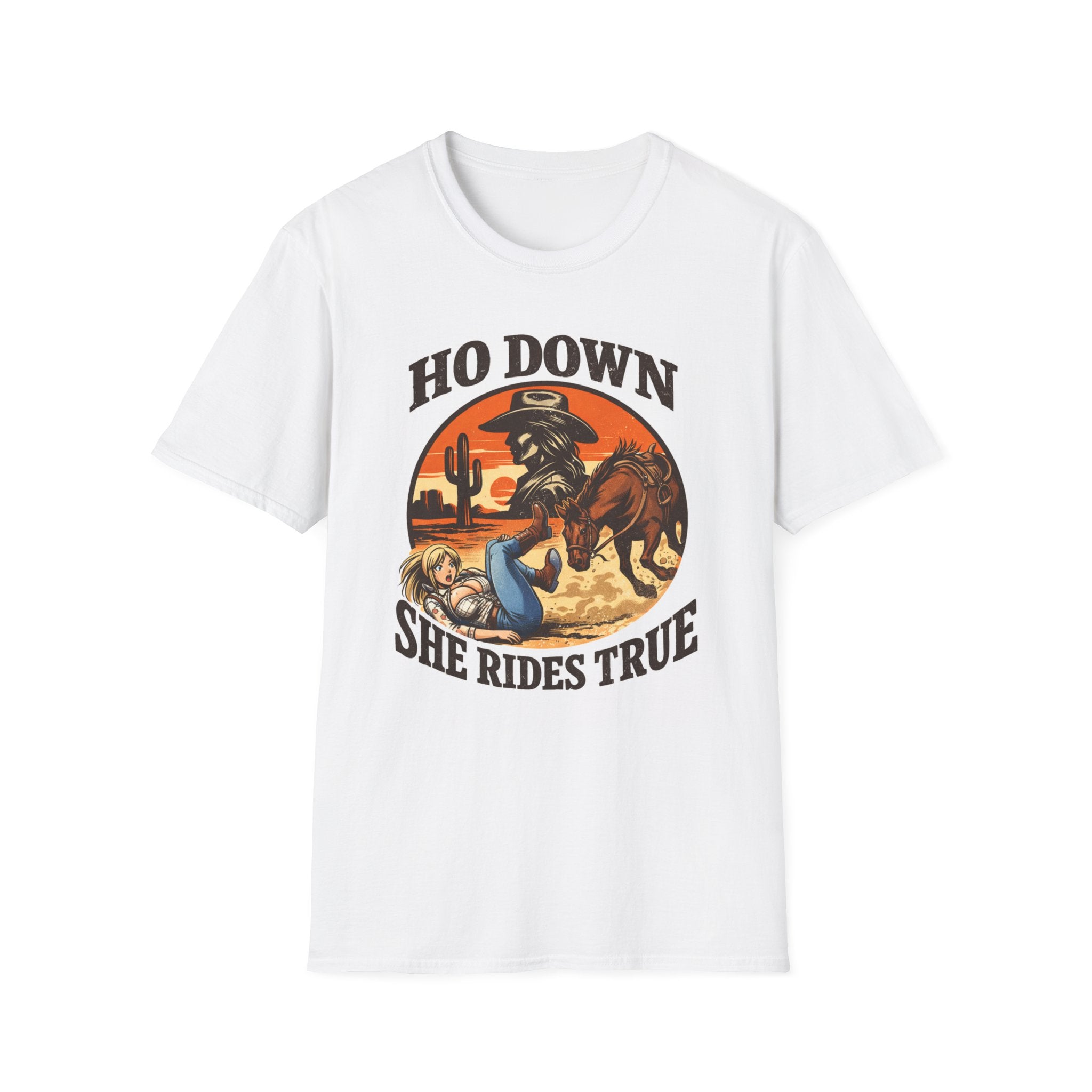 Ho-Down Western T-Shirt — "She Rides True" Cowboy Rodeo Graphic