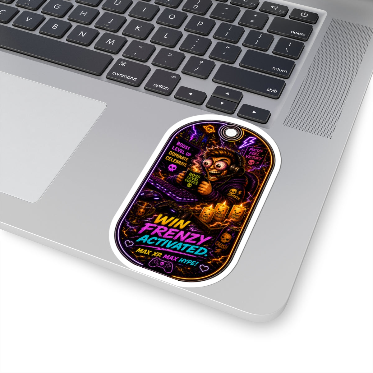 Hype Kiss-Cut Sticker — “Win Frenzy Activated” Neon Gaming Tag Sticker