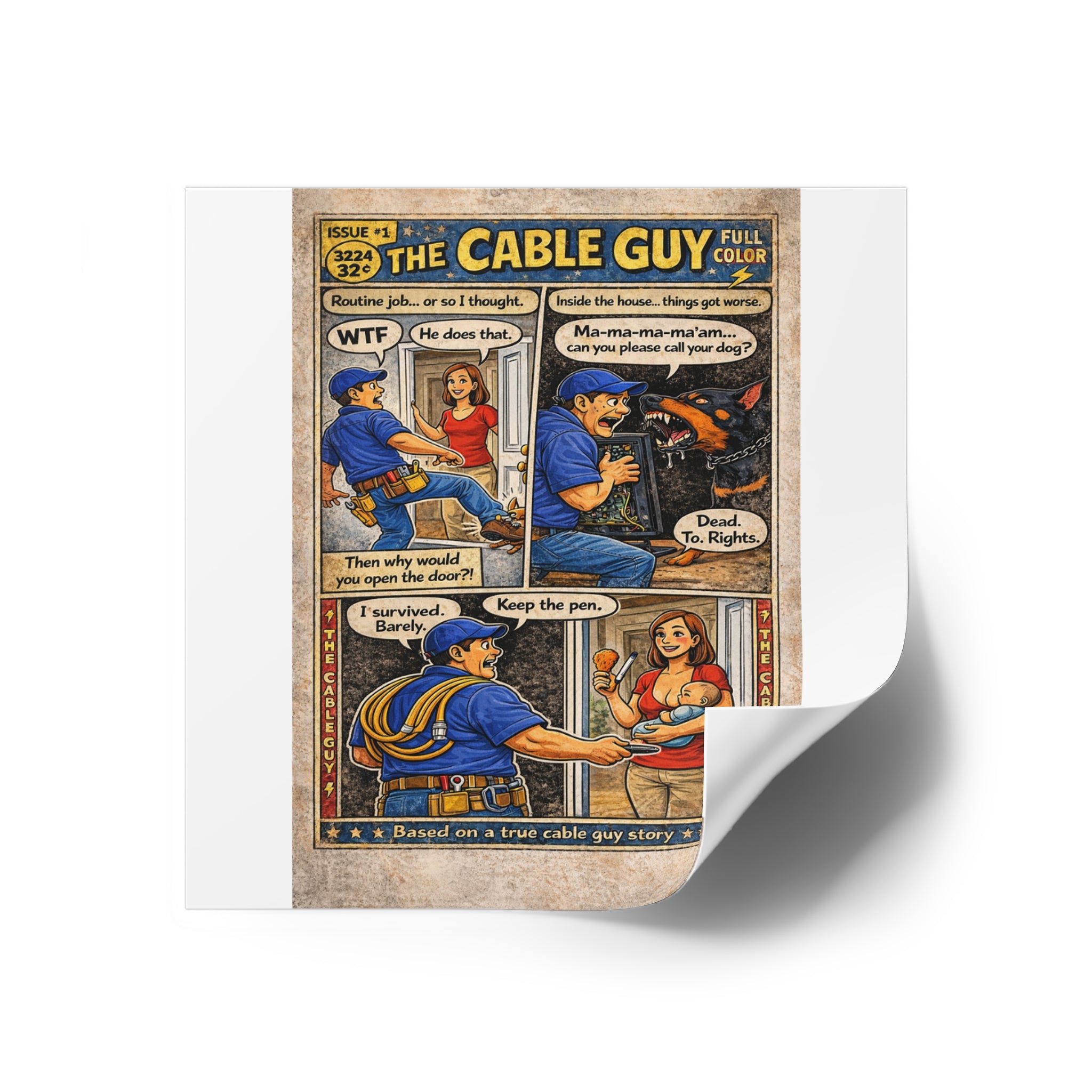 The Cable Guy Comic Square Sticker — Vintage Retro Humor Design (Indoor/Outdoor)