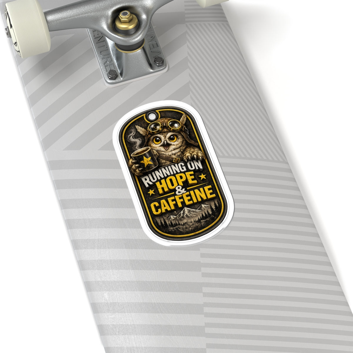 Standard Edition Running on Hope & Caffeine Kiss-Cut Sticker — Owl Coffee Adventure Decal