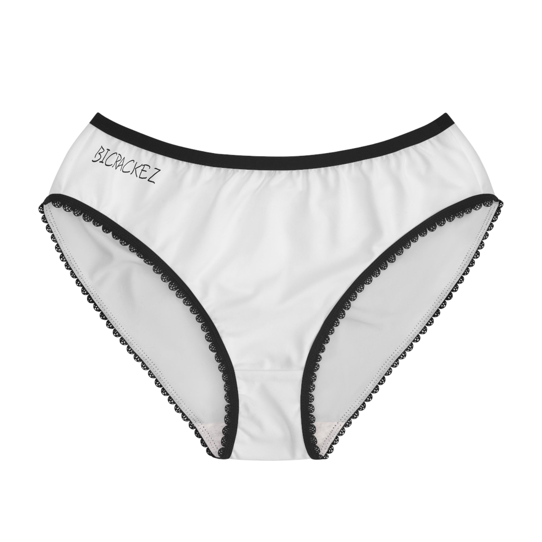 Women's Bicrackez Briefs — White Lace-Trim Briefs with 'BICRACKEZ' Script