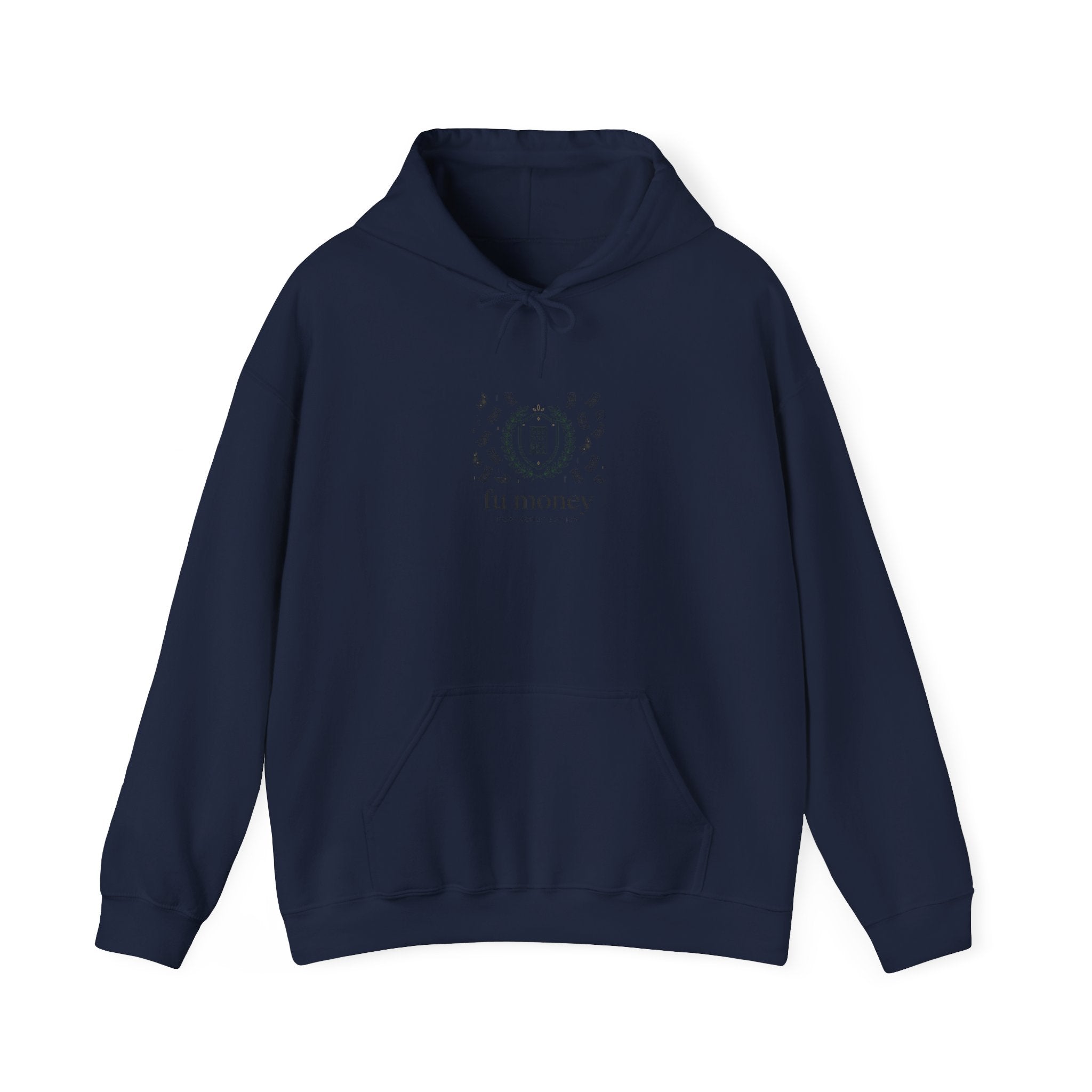 new money crest hoodie | quiet luxury, minimalist serif, monochrome