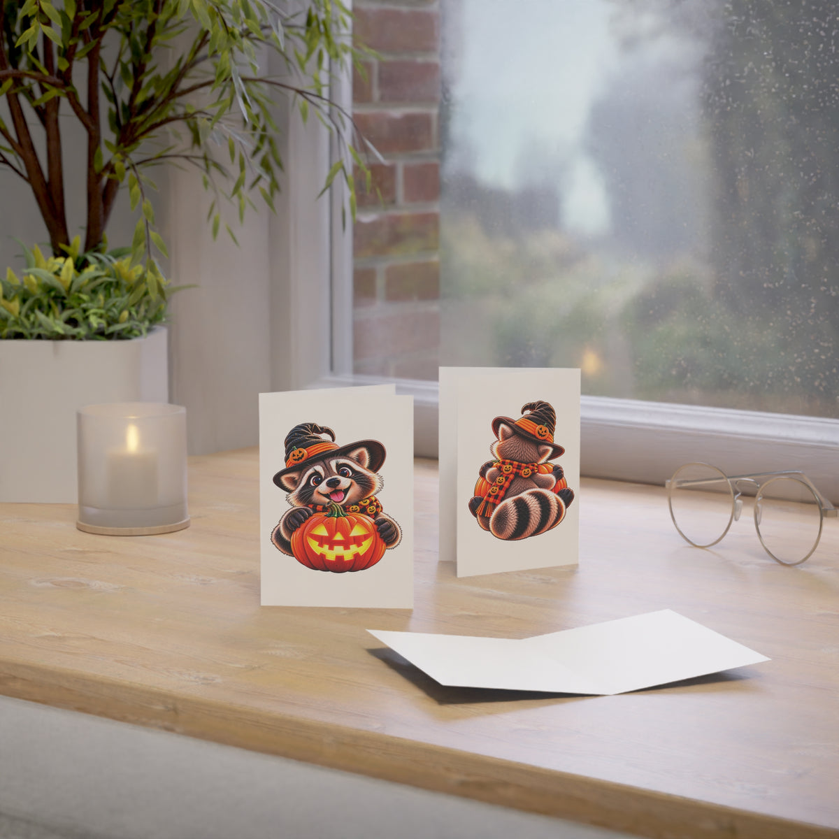 Halloween Raccoon Greeting Cards — Cute Raccoon with Jack-O'-Lantern (Pack of 1/10/30/50)