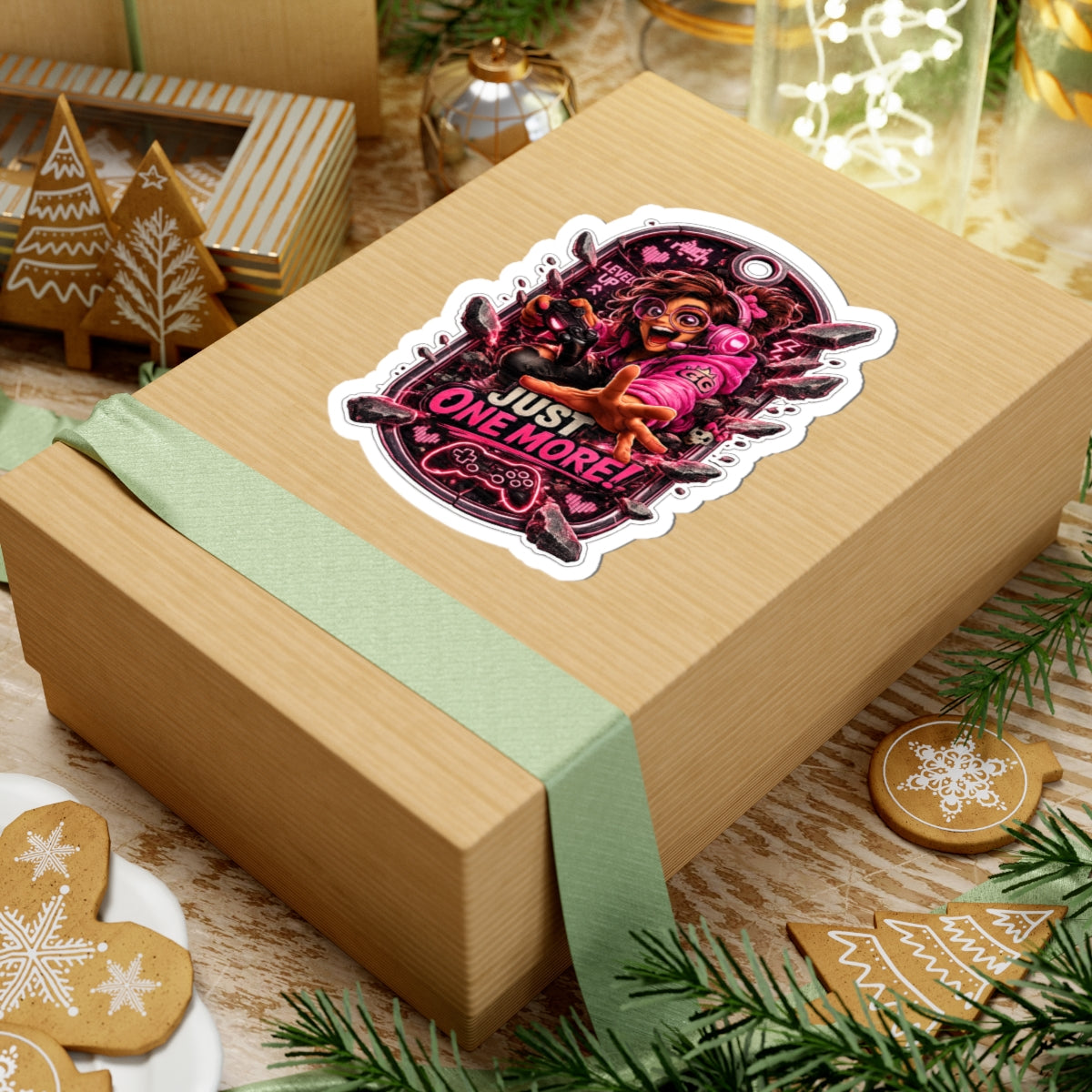 4th Wall Break Gamer Girl “Just One More!” Kiss-Cut Sticker — Neon Pink Controller Design