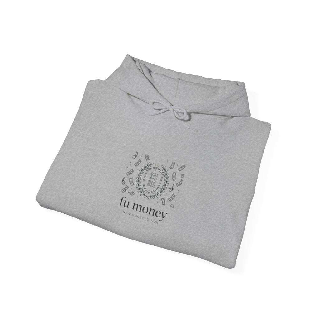 new money crest hoodie | quiet luxury, minimalist serif, monochrome