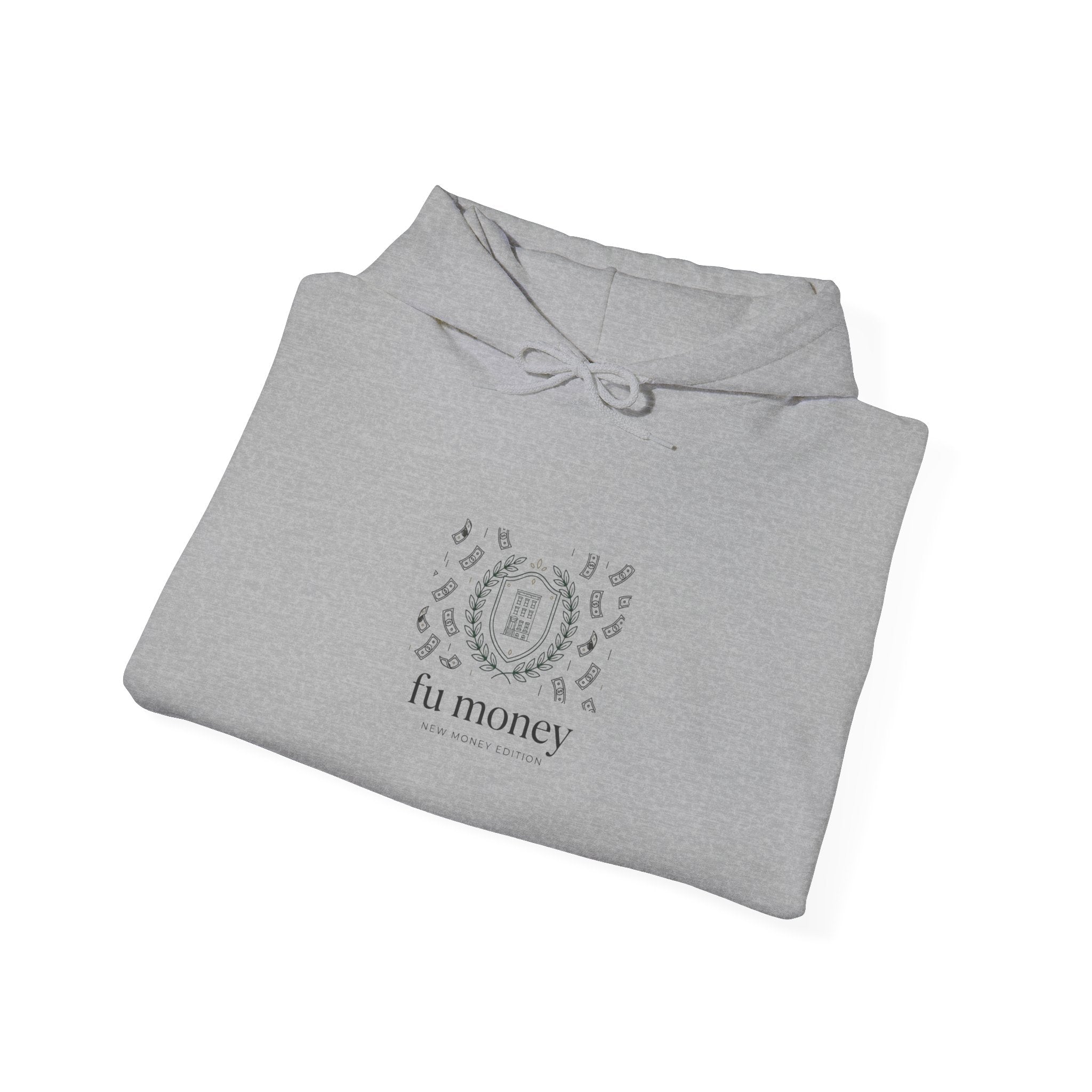 new money crest hoodie | quiet luxury, minimalist serif, monochrome