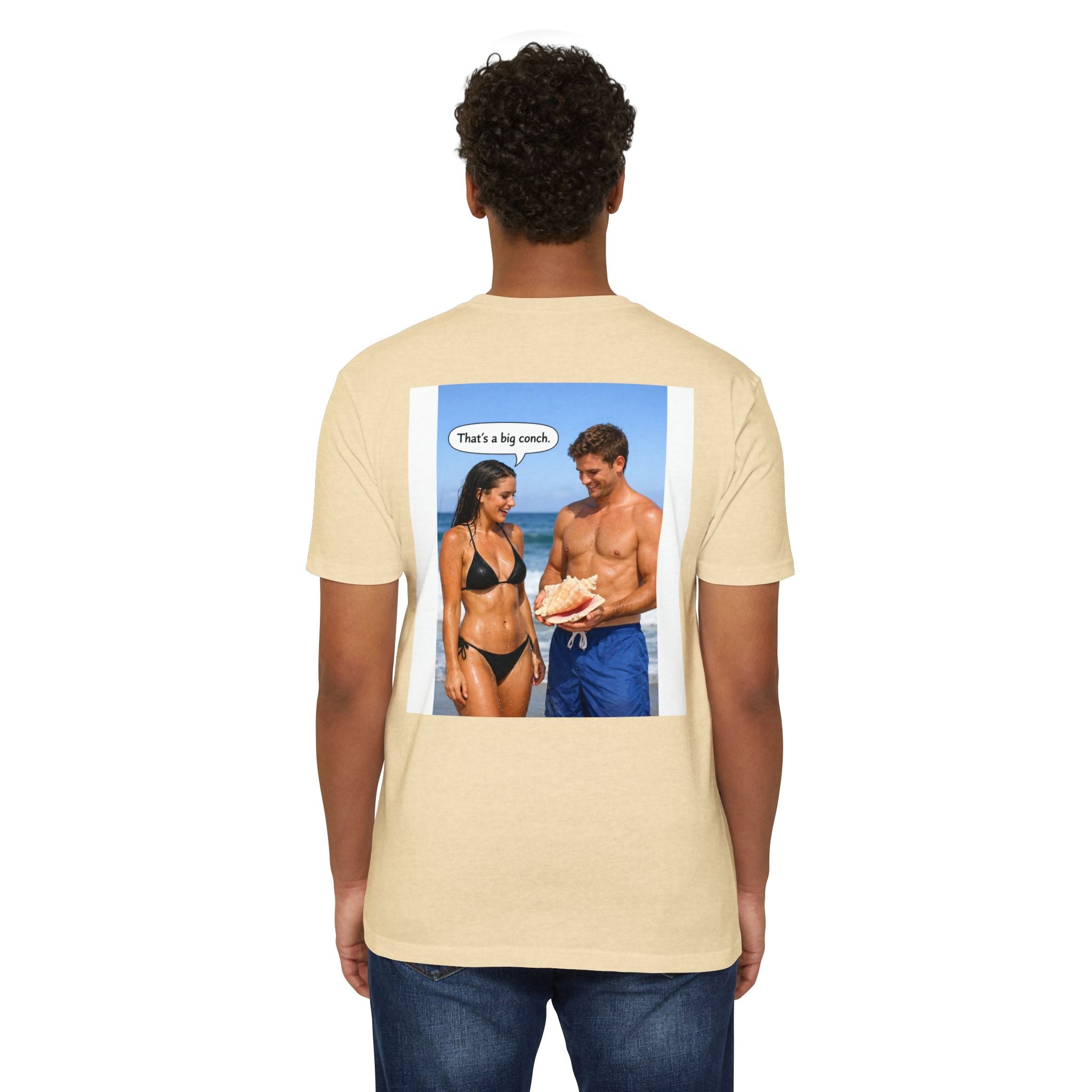 Conch Joke T-Shirt — Retro Beach Photo Tee with "That's a big conch" Graphic