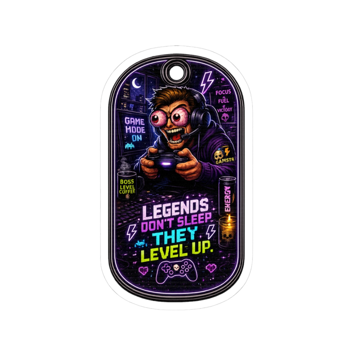 Night Shift Gamer Sticker — "Legends Don't Sleep, They Level Up" Neon Kiss-Cut Decal