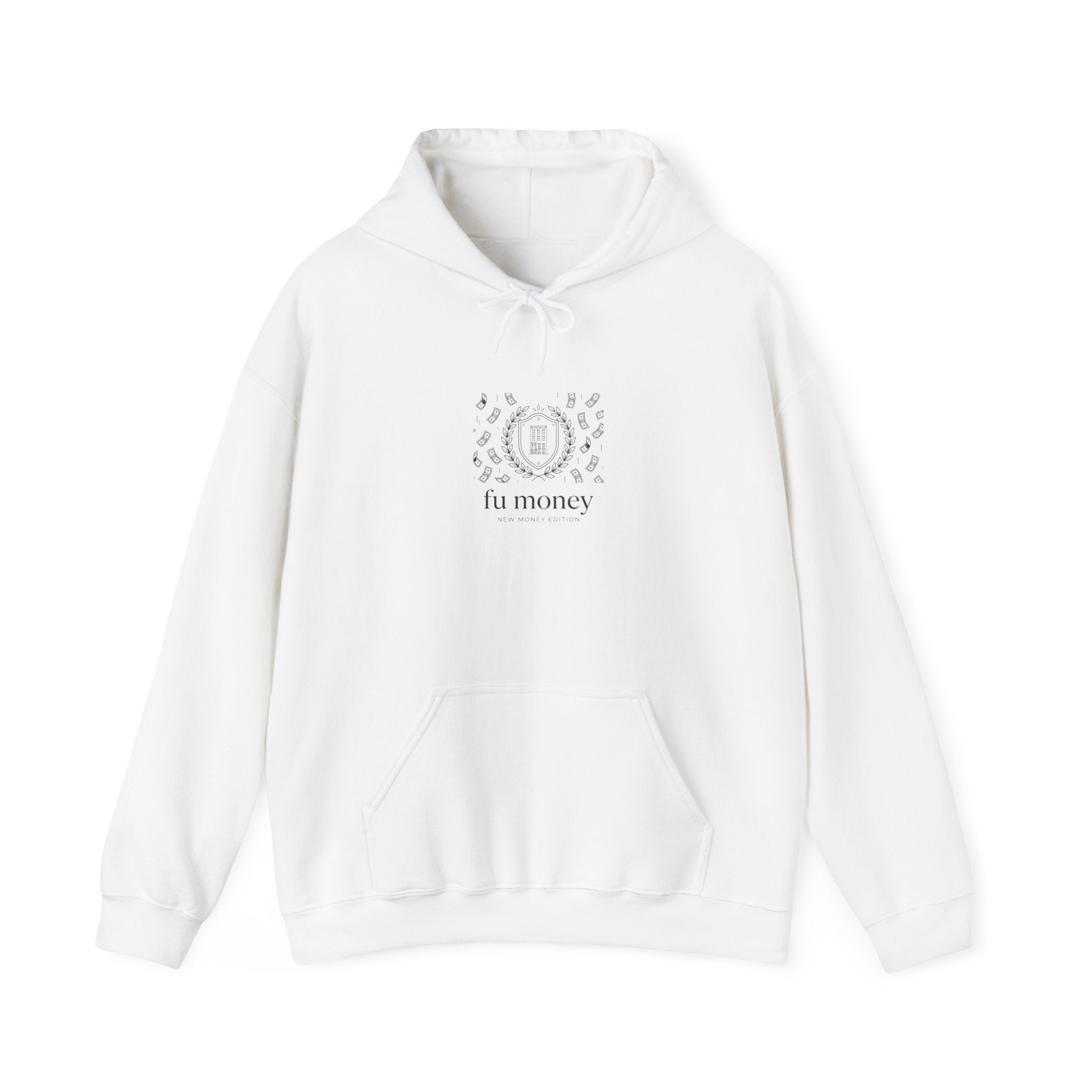 new money crest hoodie | quiet luxury, minimalist serif, monochrome