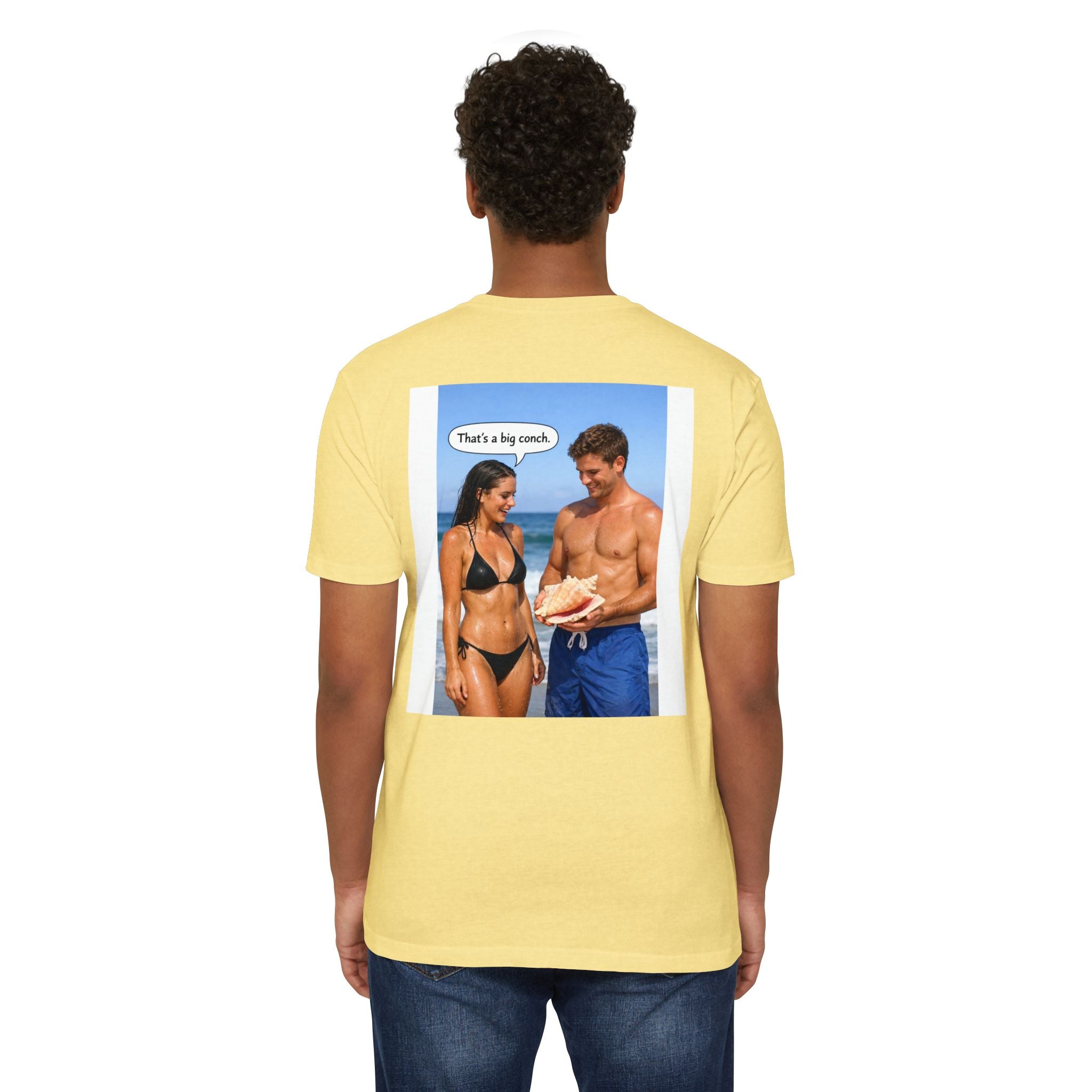 Conch Joke T-Shirt — Retro Beach Photo Tee with "That's a big conch" Graphic