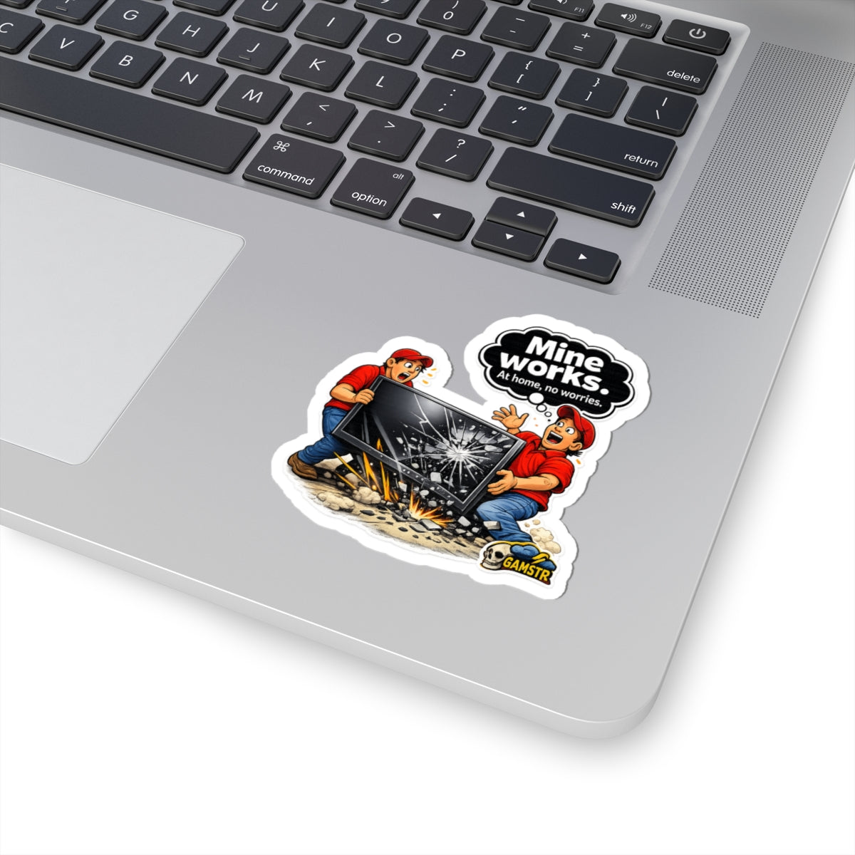 Kiss-Cut Sticker — "Mine Works. At home, no worries." Broken Monitor Repair Gaming Decal