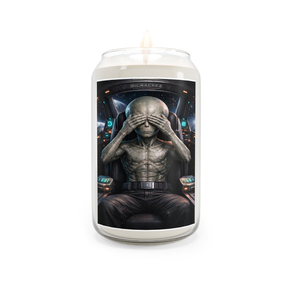 See No Evil Alien Commander Soy Candle — 13.75 oz Scented Candle with Sci‑Fi Pilot Art