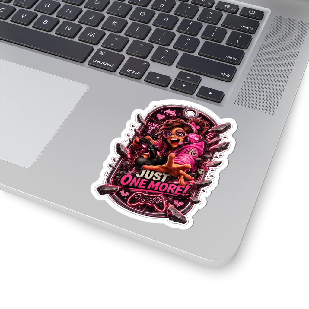 4th Wall Break Gamer Girl “Just One More!” Kiss-Cut Sticker — Neon Pink Controller Design