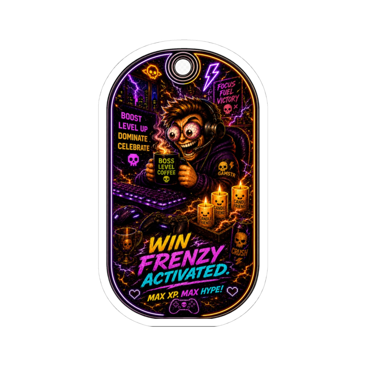 Hype Kiss-Cut Sticker — “Win Frenzy Activated” Neon Gaming Tag Sticker