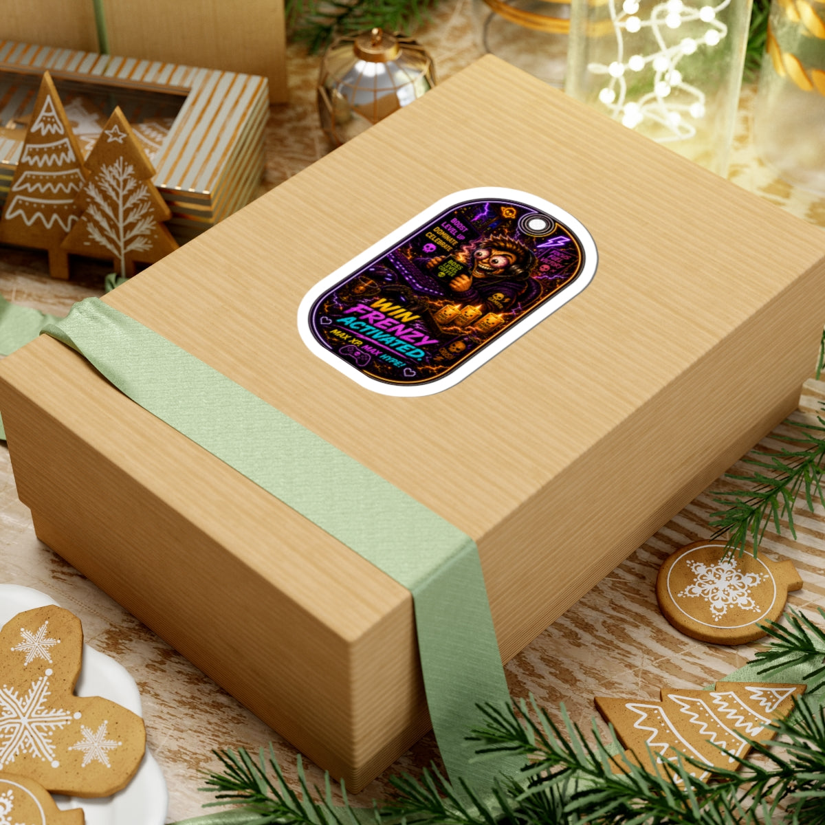Hype Kiss-Cut Sticker — “Win Frenzy Activated” Neon Gaming Tag Sticker