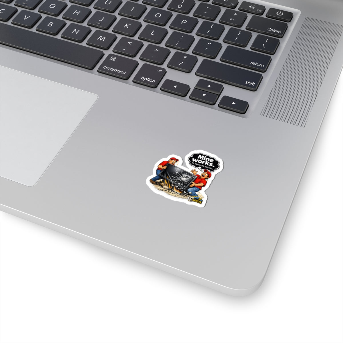 Kiss-Cut Sticker — "Mine Works. At home, no worries." Broken Monitor Repair Gaming Decal