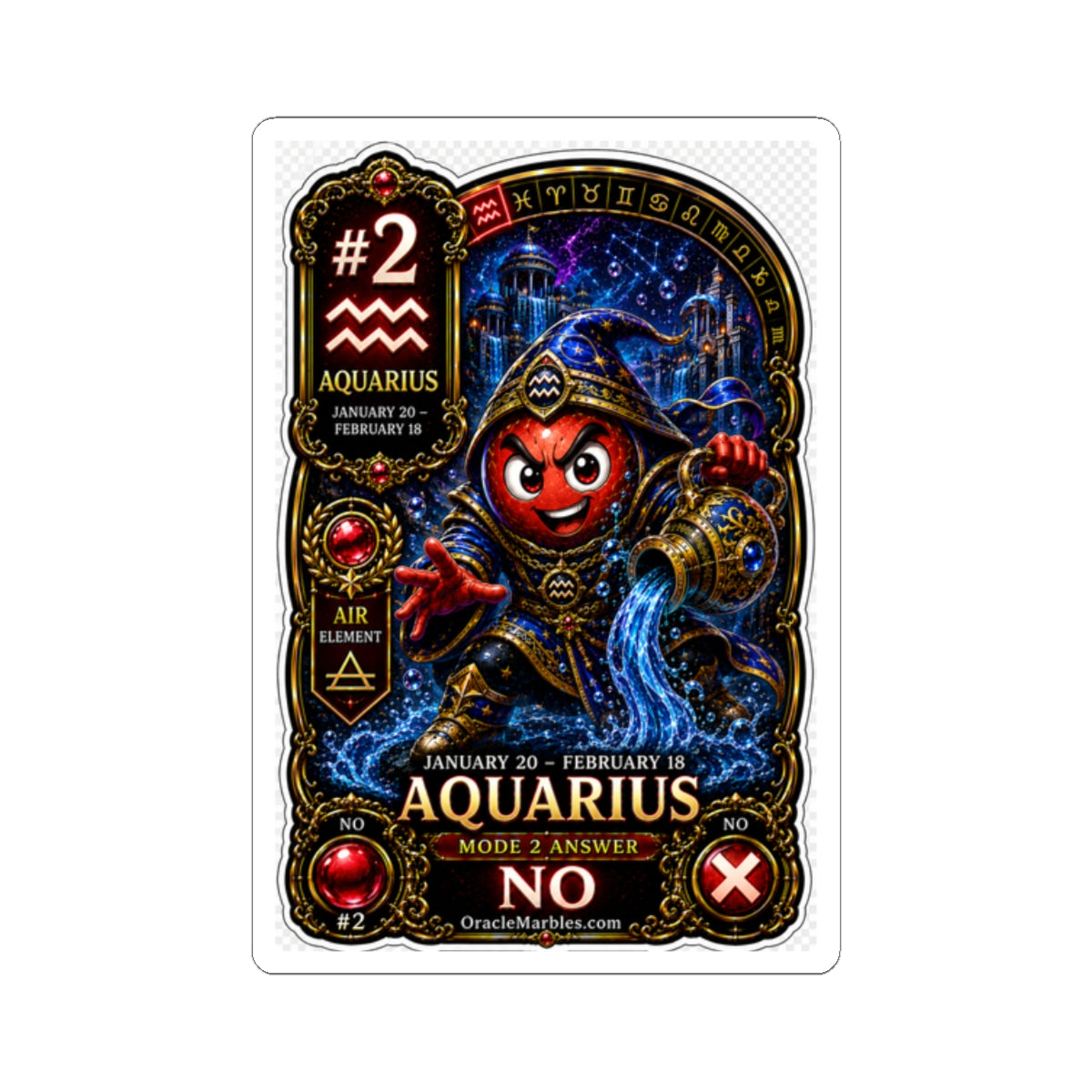 Aquarius Zodiac Sticker — Water-Bearer Astrology Kiss-Cut Sticker (Jan 20–Feb 18, “No” Oracle Design)