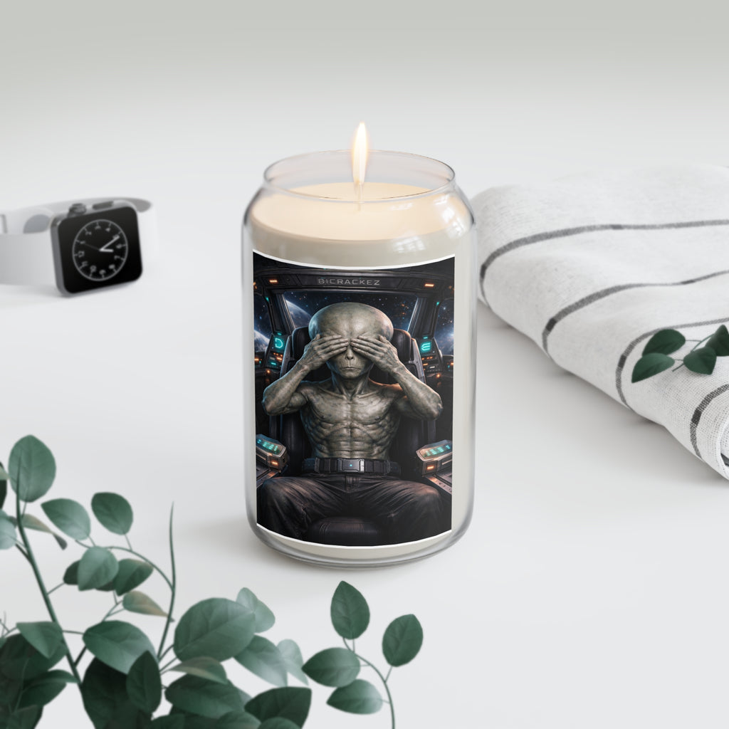 See No Evil Alien Commander Soy Candle — 13.75 oz Scented Candle with Sci‑Fi Pilot Art