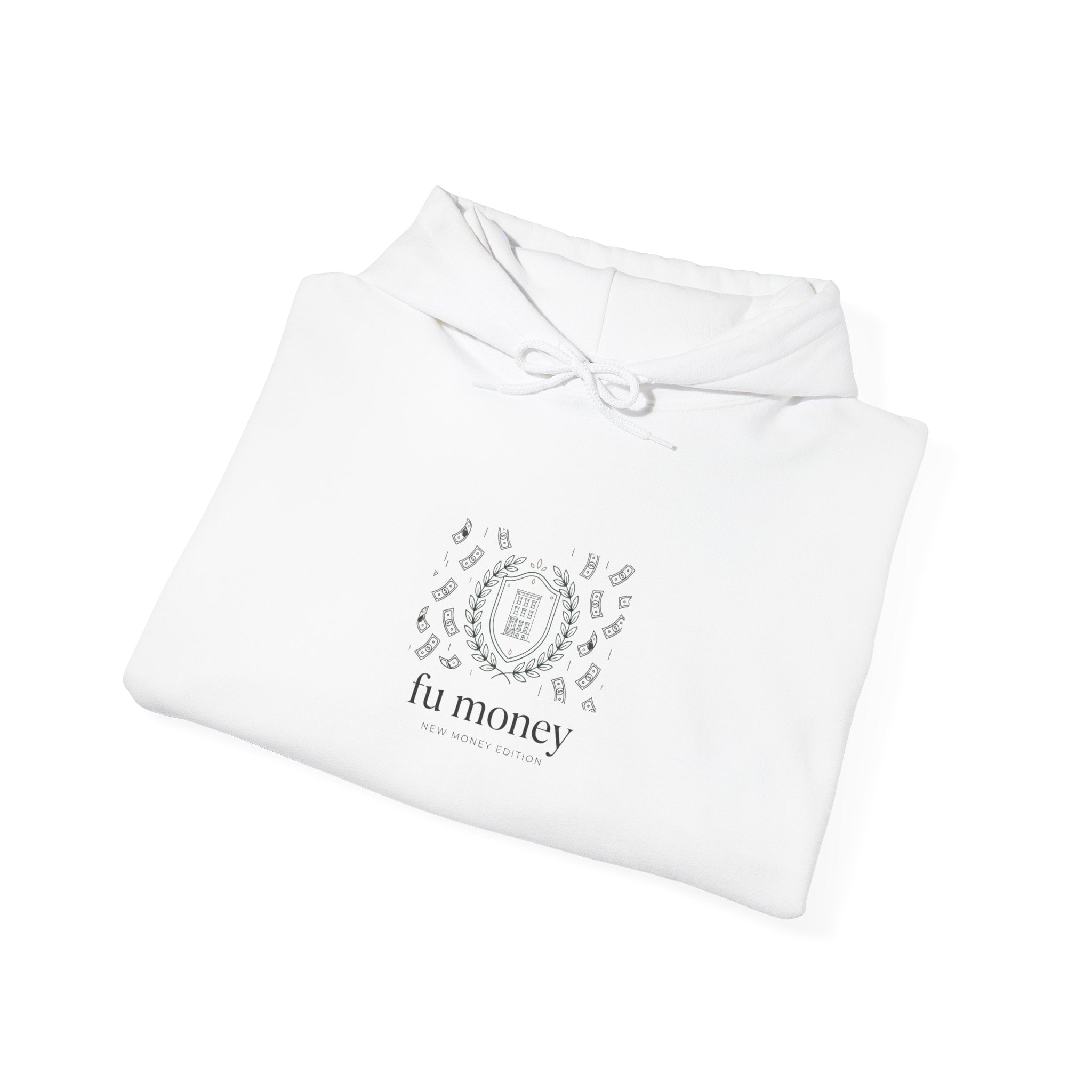 new money crest hoodie | quiet luxury, minimalist serif, monochrome