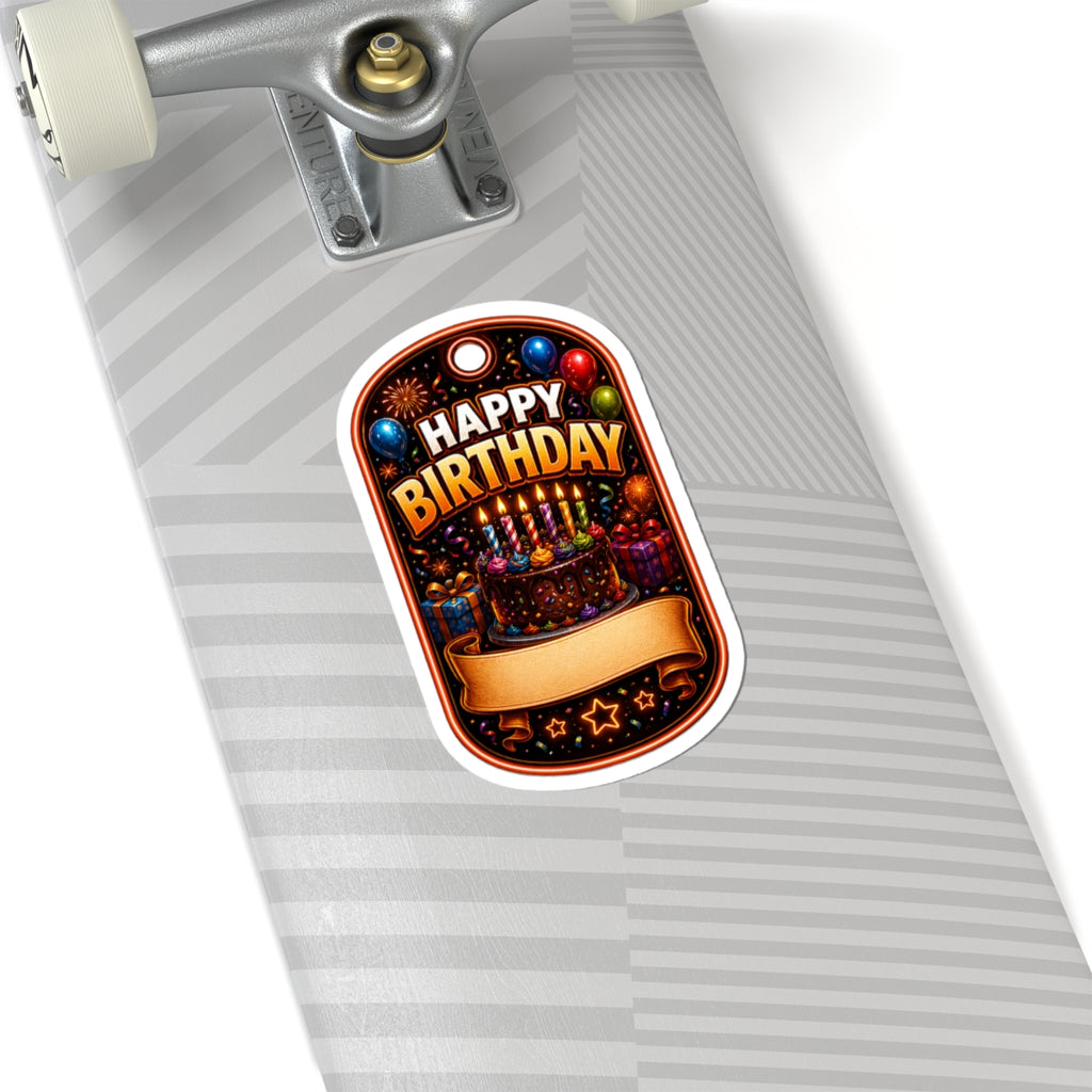 Happy Birthday Kiss-Cut Sticker VERTICAL— Colorful Cake, Balloons & Custom Name Banner