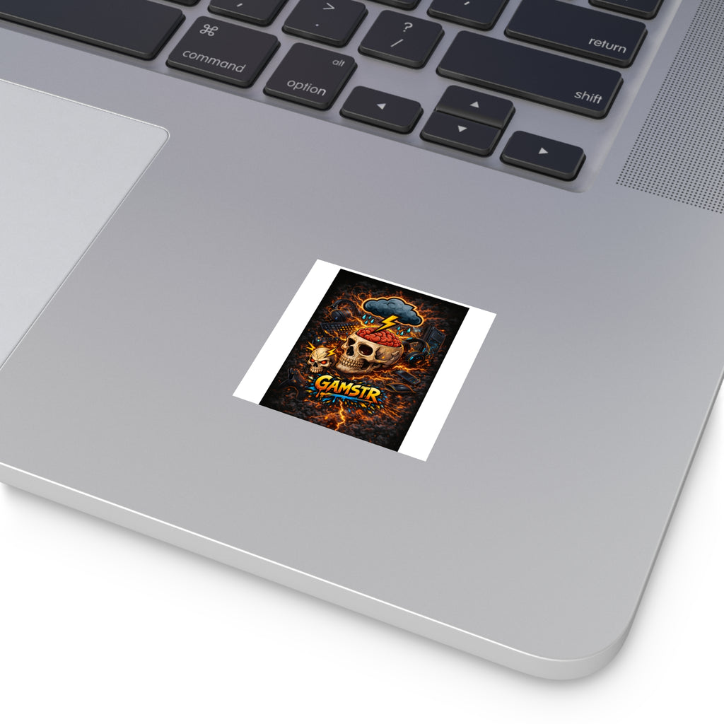 Gamstr Skull Gamer Sticker — Lightning Brain Gaming Square Sticker (Indoor/Outdoor)