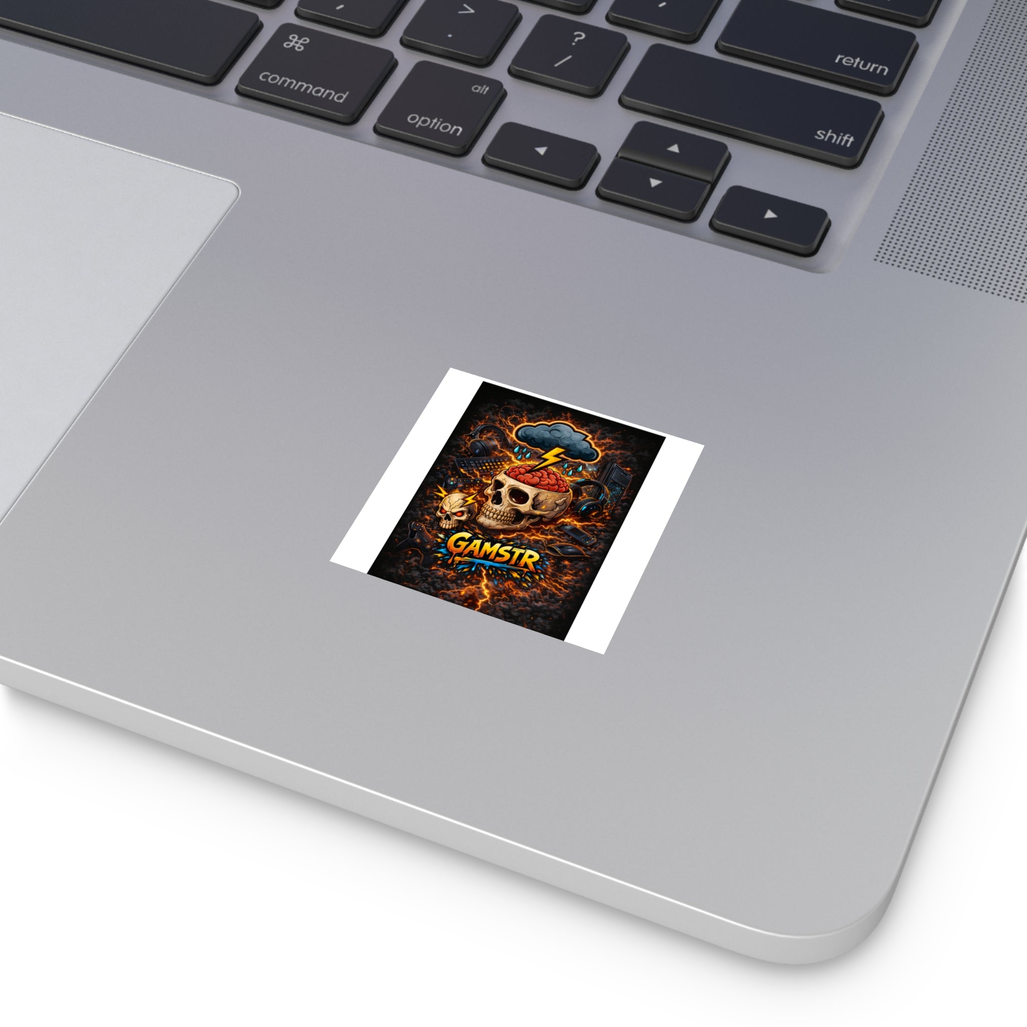 Gamstr Skull Gamer Sticker — Lightning Brain Gaming Square Sticker (Indoor/Outdoor)