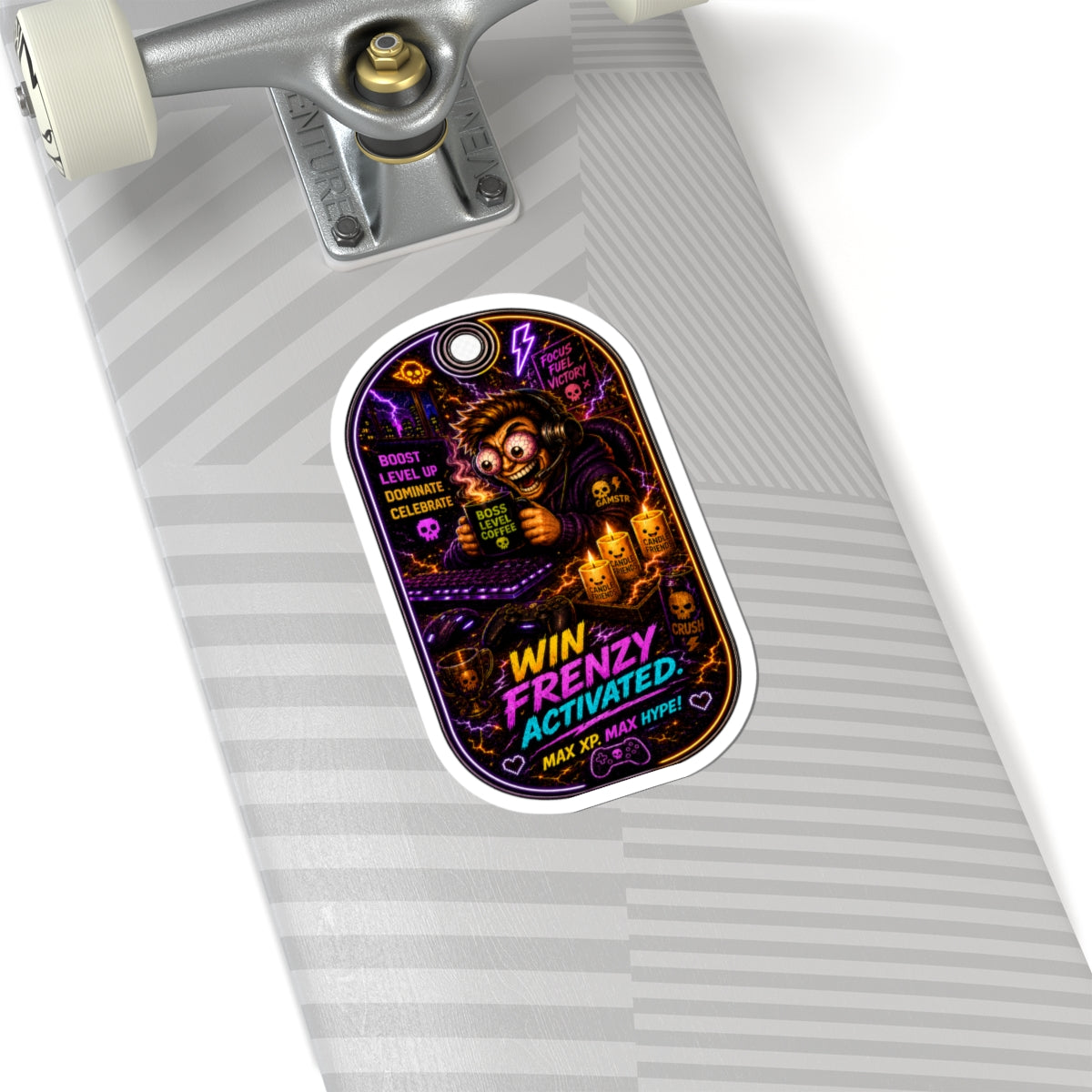 Hype Kiss-Cut Sticker — “Win Frenzy Activated” Neon Gaming Tag Sticker