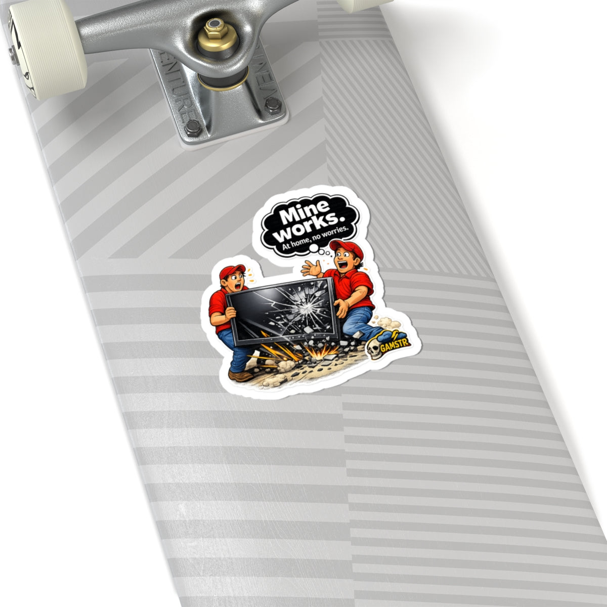 Kiss-Cut Sticker — "Mine Works. At home, no worries." Broken Monitor Repair Gaming Decal