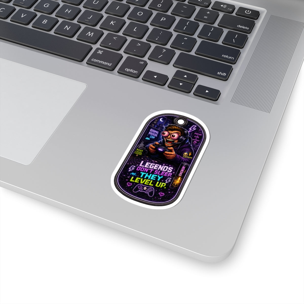 Night Shift Gamer Sticker — "Legends Don't Sleep, They Level Up" Neon Kiss-Cut Decal