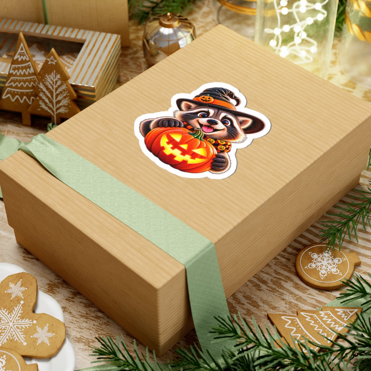 Cute Raccoon with Jack-O'-Lantern Halloween Sticker