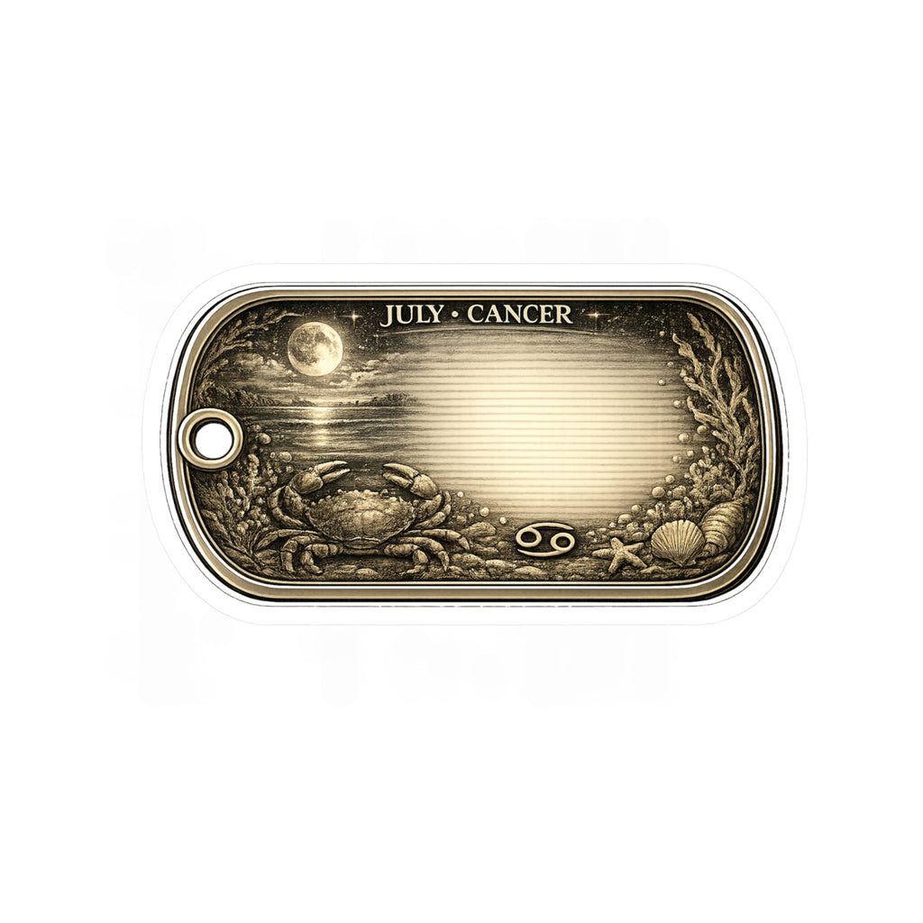 Cancer Zodiac Vintage Dog Tag Sticker — July Birthday Vinyl Kiss-Cut
