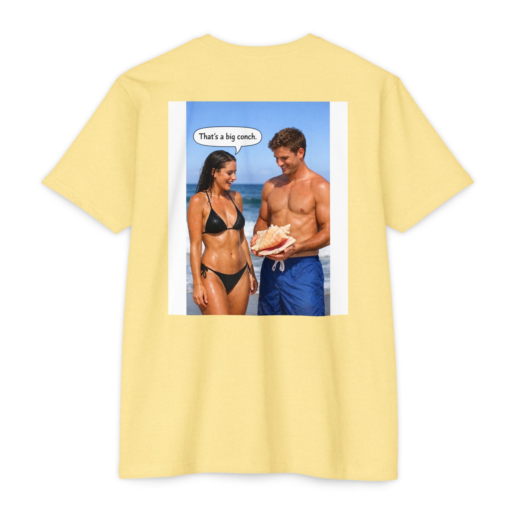 Conch Joke T-Shirt — Retro Beach Photo Tee with "That's a big conch" Graphic