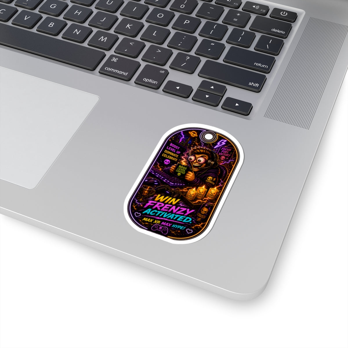 Hype Kiss-Cut Sticker — “Win Frenzy Activated” Neon Gaming Tag Sticker