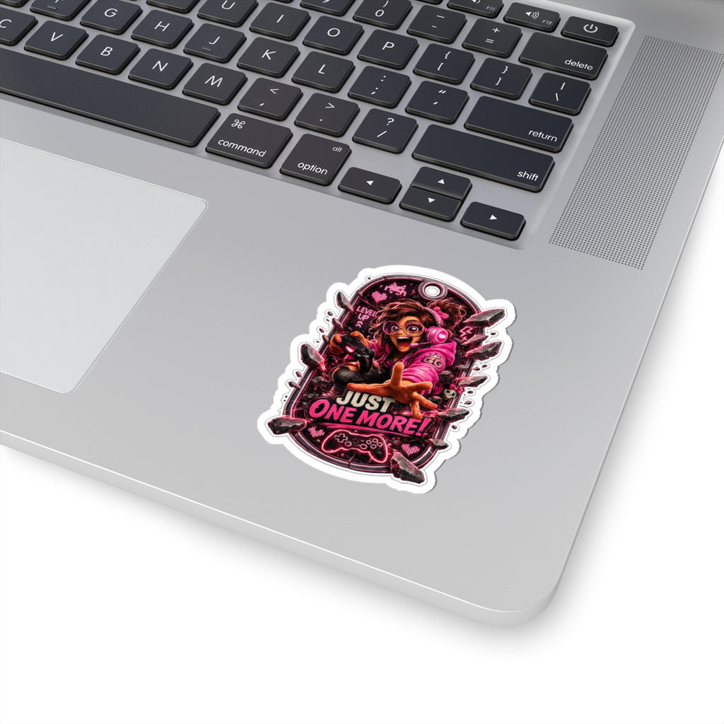 4th Wall Break Gamer Girl “Just One More!” Kiss-Cut Sticker — Neon Pink Controller Design