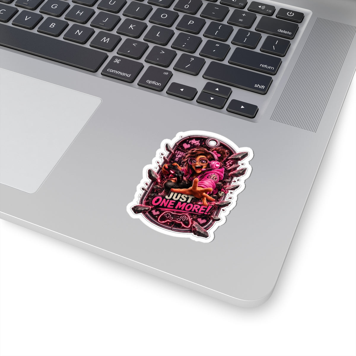4th Wall Break Gamer Girl “Just One More!” Kiss-Cut Sticker — Neon Pink Controller Design