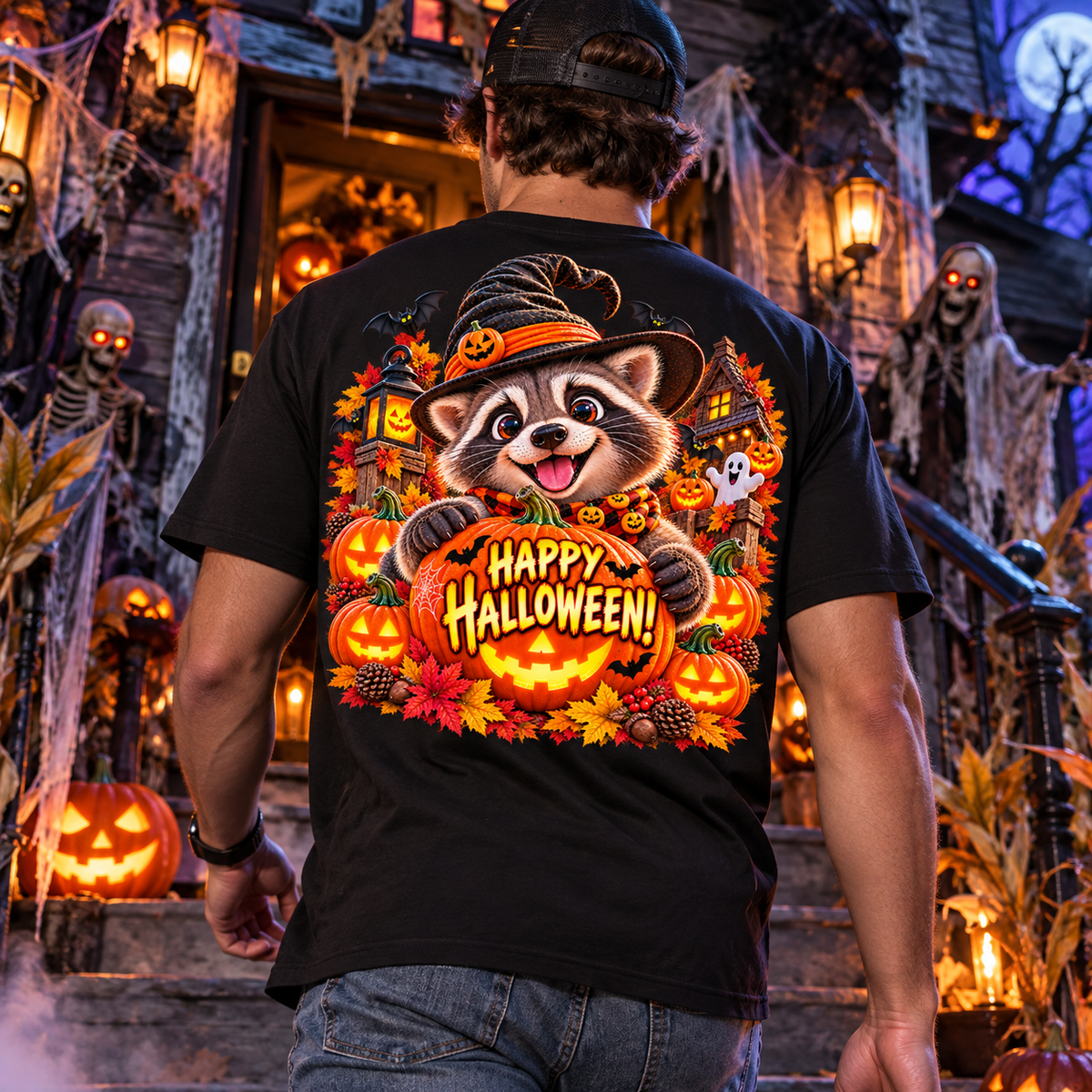 Halloween Raccoon Tee — Cute Jack-o'-Lantern "Happy Halloween" Shirt
