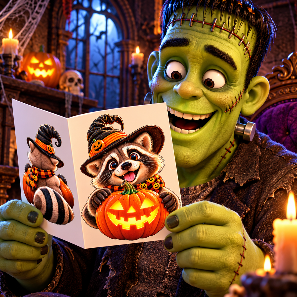 Halloween Raccoon Greeting Cards — Cute Raccoon with Jack-O'-Lantern (Pack of 1/10/30/50)