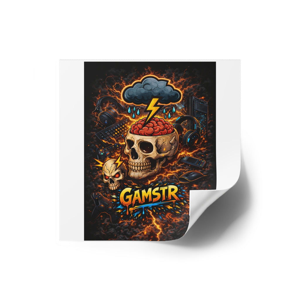Gamstr Skull Gamer Sticker — Lightning Brain Gaming Square Sticker (Indoor/Outdoor)