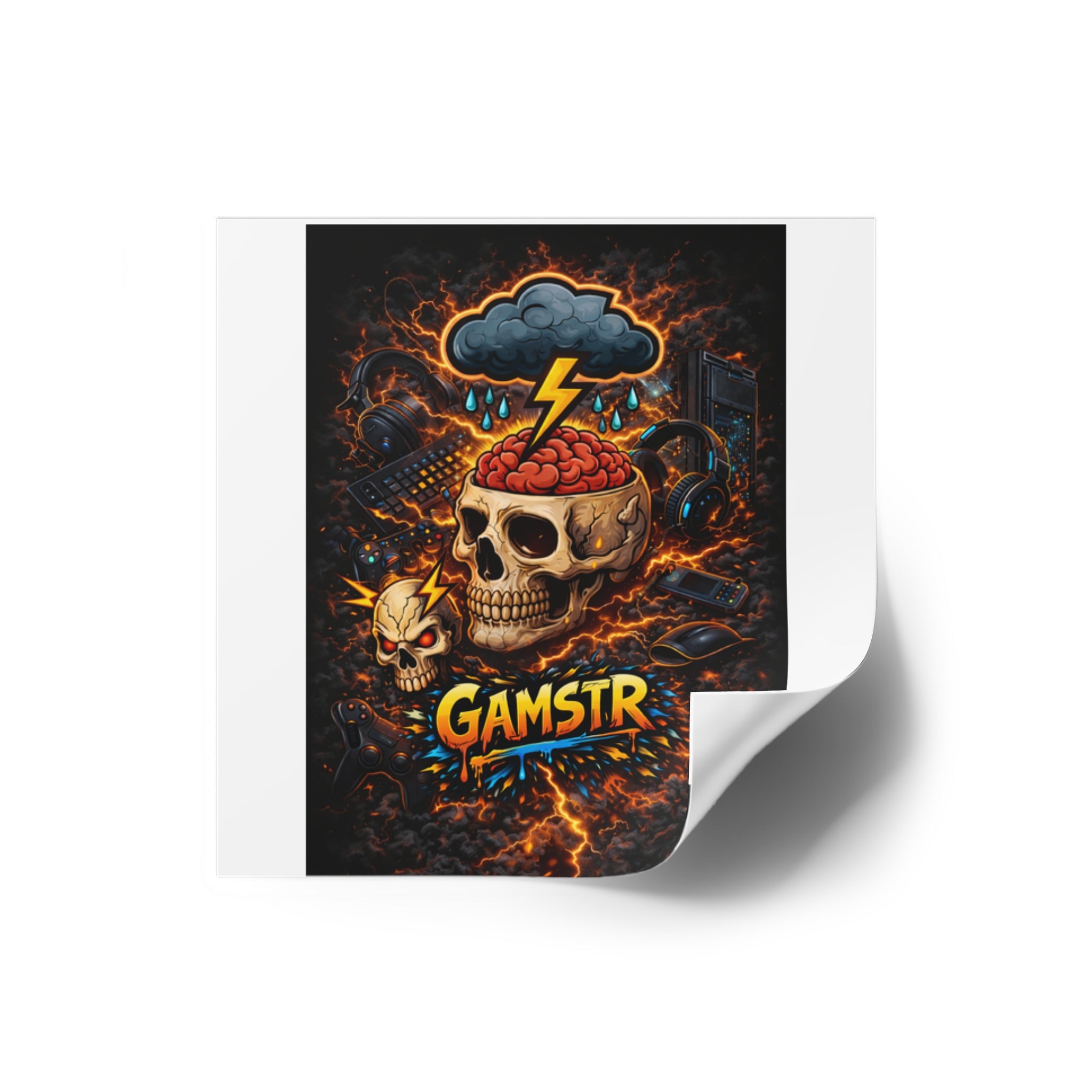 Gamstr Skull Gamer Sticker — Lightning Brain Gaming Square Sticker (Indoor/Outdoor)