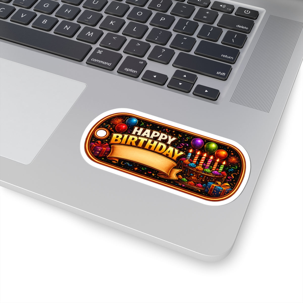 Happy Birthday Kiss-Cut Sticker HORIZONTAL — Colorful Cake, Balloons & Candles Gift Tag