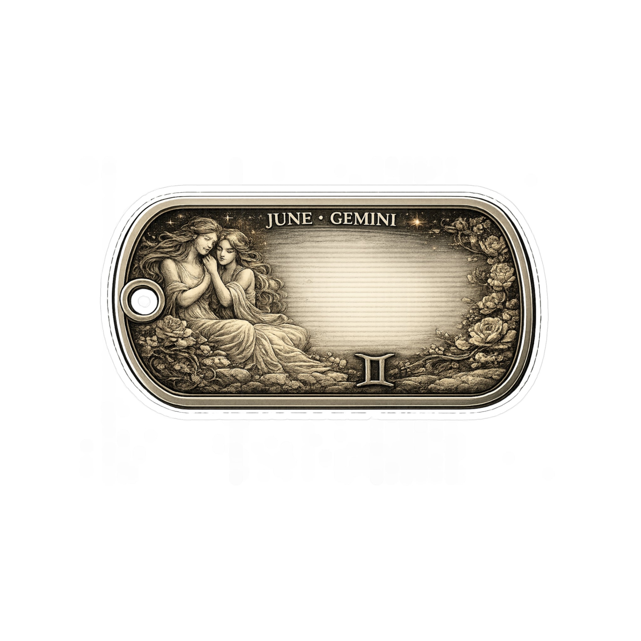 Gemini Zodiac Vintage Dog Tag Sticker — June Birthday Vinyl Kiss-Cut