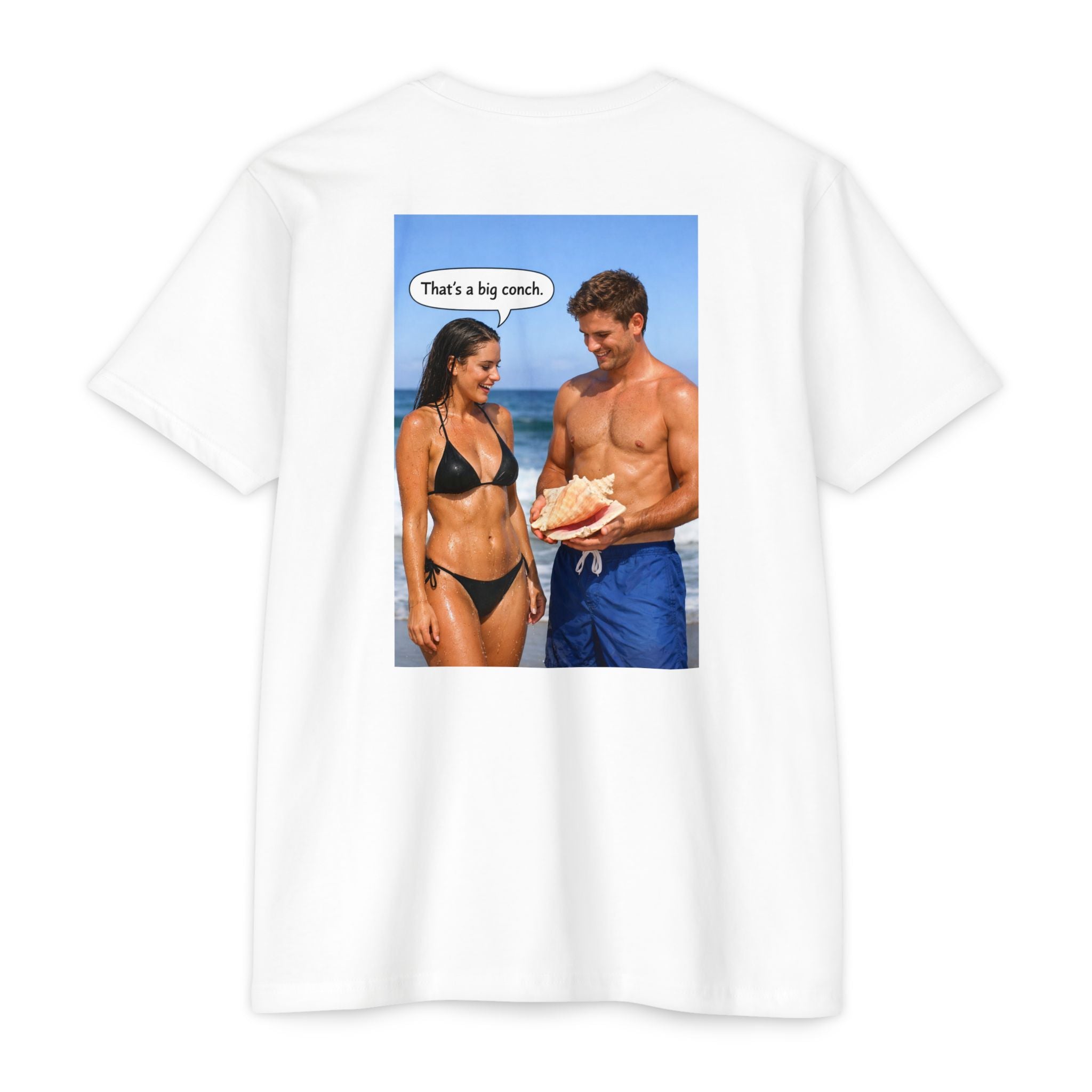 Conch Joke T-Shirt — Retro Beach Photo Tee with "That's a big conch" Graphic
