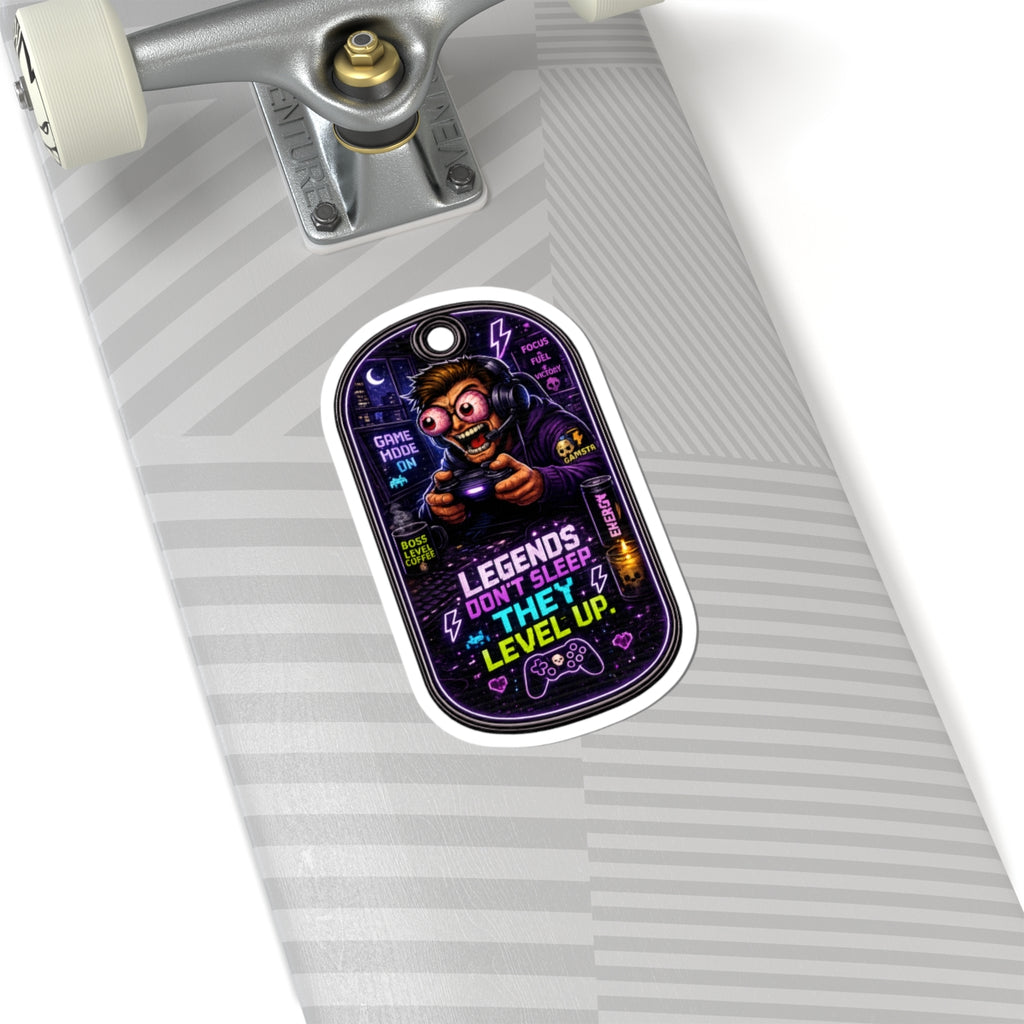 Night Shift Gamer Sticker — "Legends Don't Sleep, They Level Up" Neon Kiss-Cut Decal