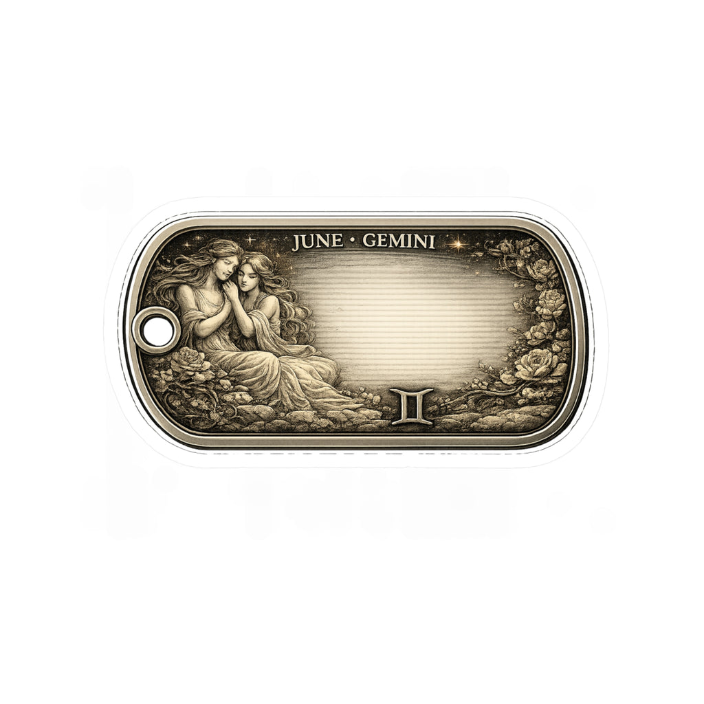Gemini Zodiac Vintage Dog Tag Sticker — June Birthday Vinyl Kiss-Cut