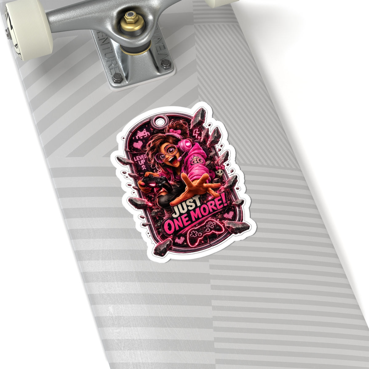 4th Wall Break Gamer Girl “Just One More!” Kiss-Cut Sticker — Neon Pink Controller Design